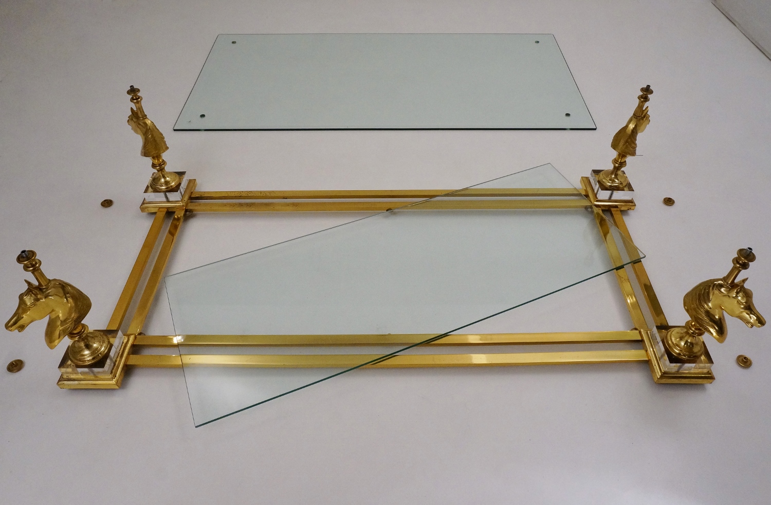Maison Charles cheval coffee table, brass & Lucite, 1970`s ca